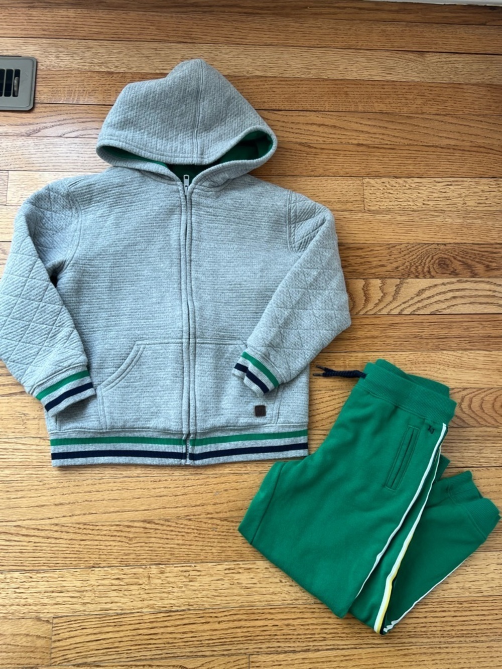 Janie and Jack Grey Hooded Jacket with Green Track Pants Size 5